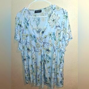 Lane Bryant Pink Floral Light Blue V Neck Pullover Top Size 22/24